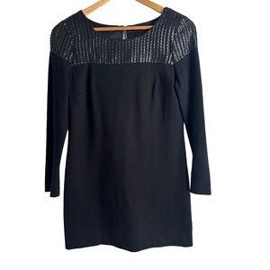 JAYGODFREY Black Faux Leather Trimmed Long Sleeve Mini Dress